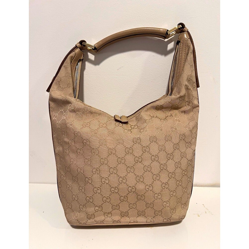 Gucci GG Beige Hobo Bag Zip Top Handle Inner Pockets Gold Hardware